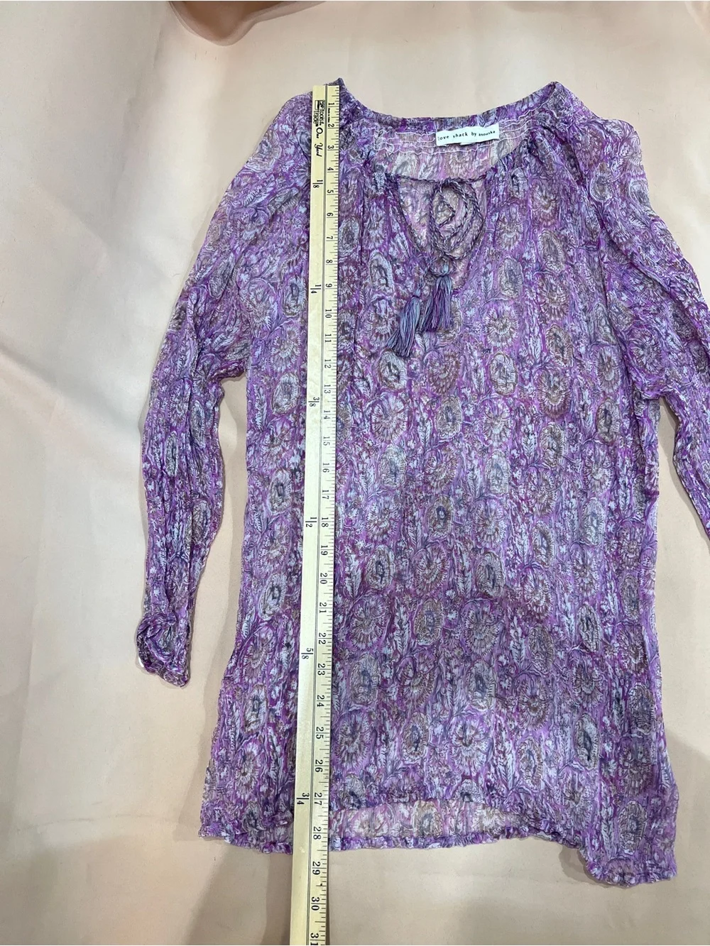 Love Shack By Anouska Purple Paisley Tassel Tie Sheer Boho Blouse Top XL Beach - Picture 7 of 8